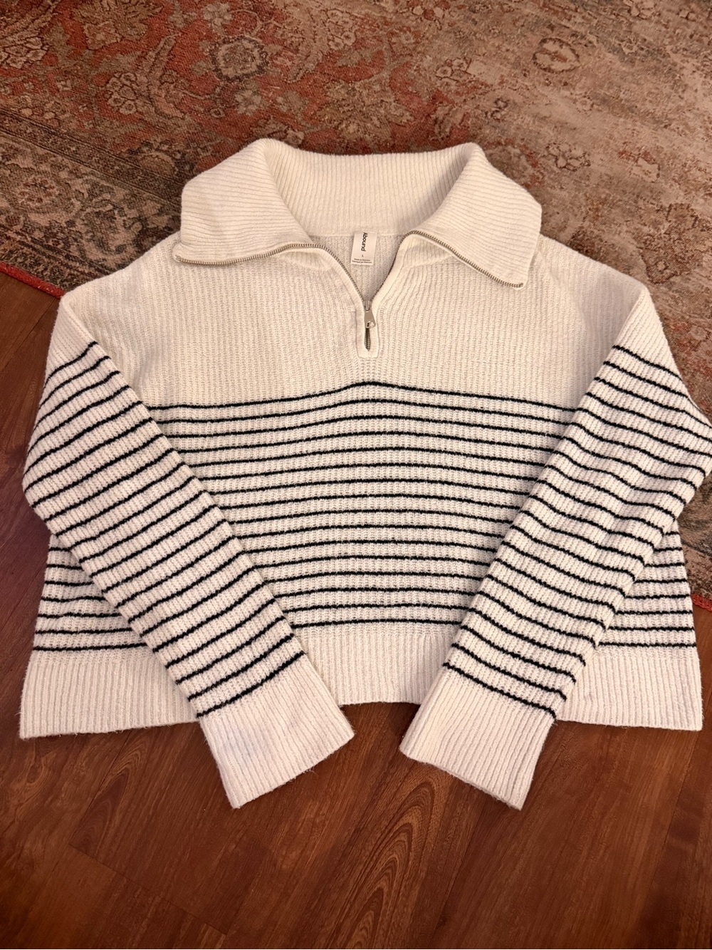 Abound White Half-Zip Cowl Sweater with Black Stripes